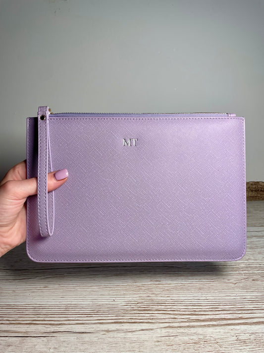 Personalised embossed saffiano zip clutch bag with wrist strap