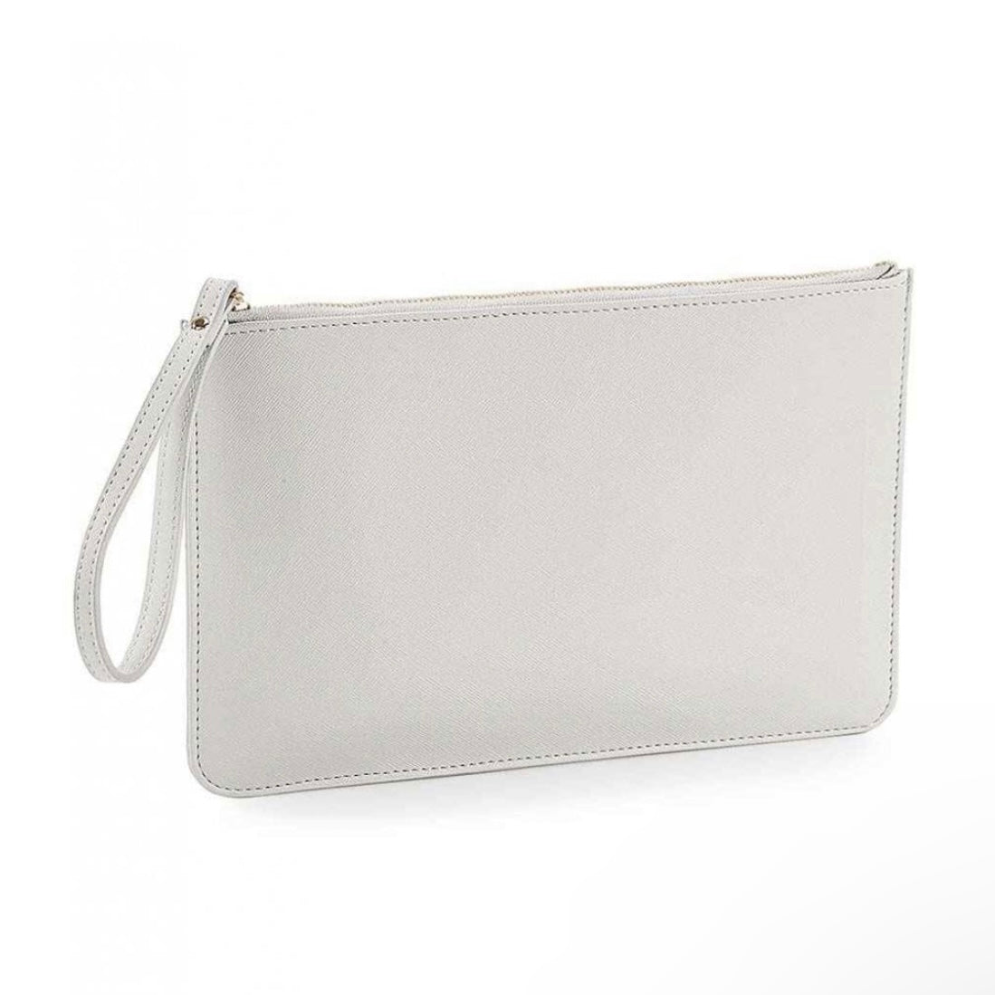 Personalised embossed saffiano zip clutch bag with wrist strap